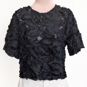See And Be Seen Black Textured Blouse Med 3D Petal Top Sheer Short Sleeve NWT